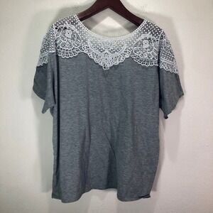 Romantic Yishen Gray Crochet Lace Yoke Short Sleeve Top Women XL XXL
